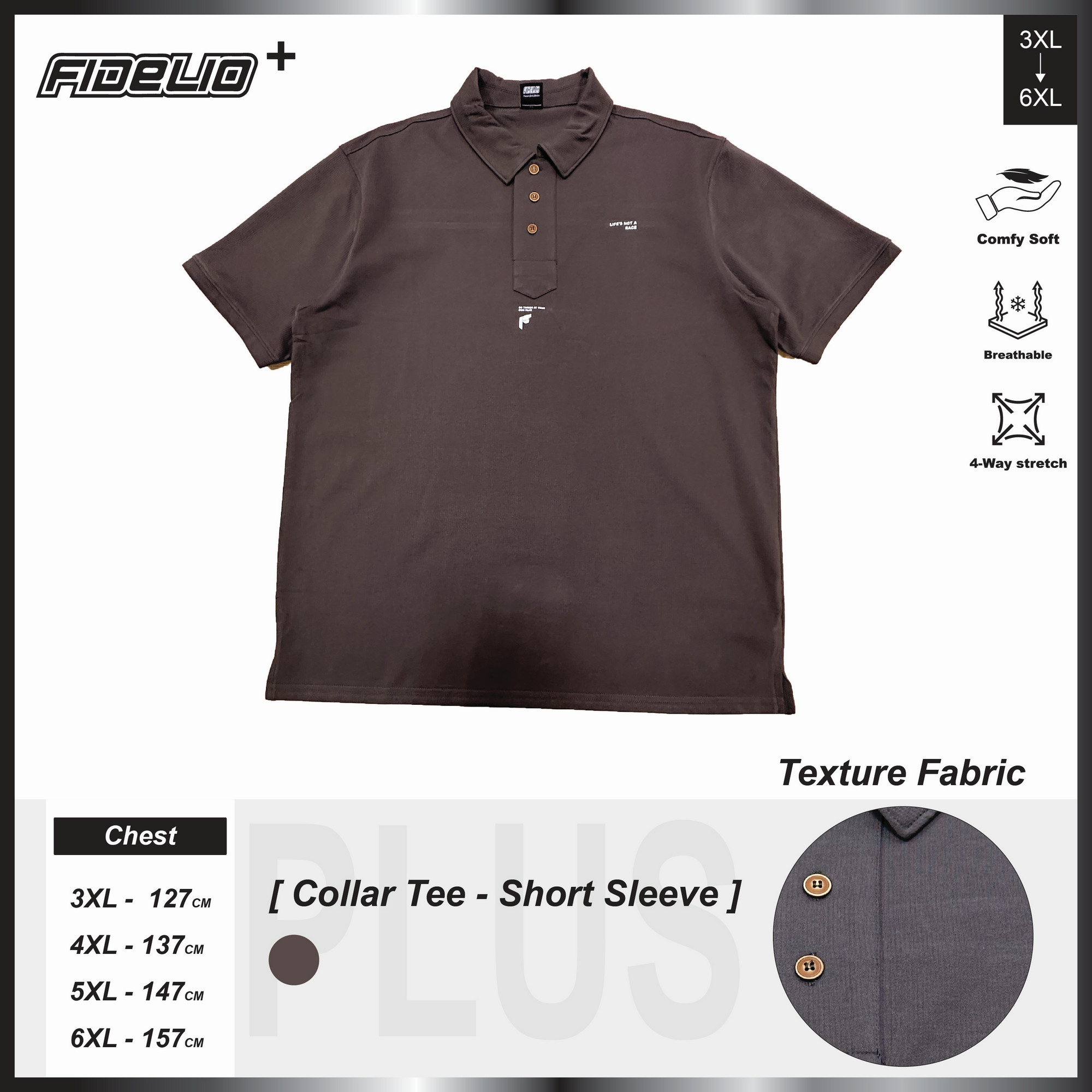 FIDELIO Plus Size Refined Back Pleat Polo Tees - Dark Grey