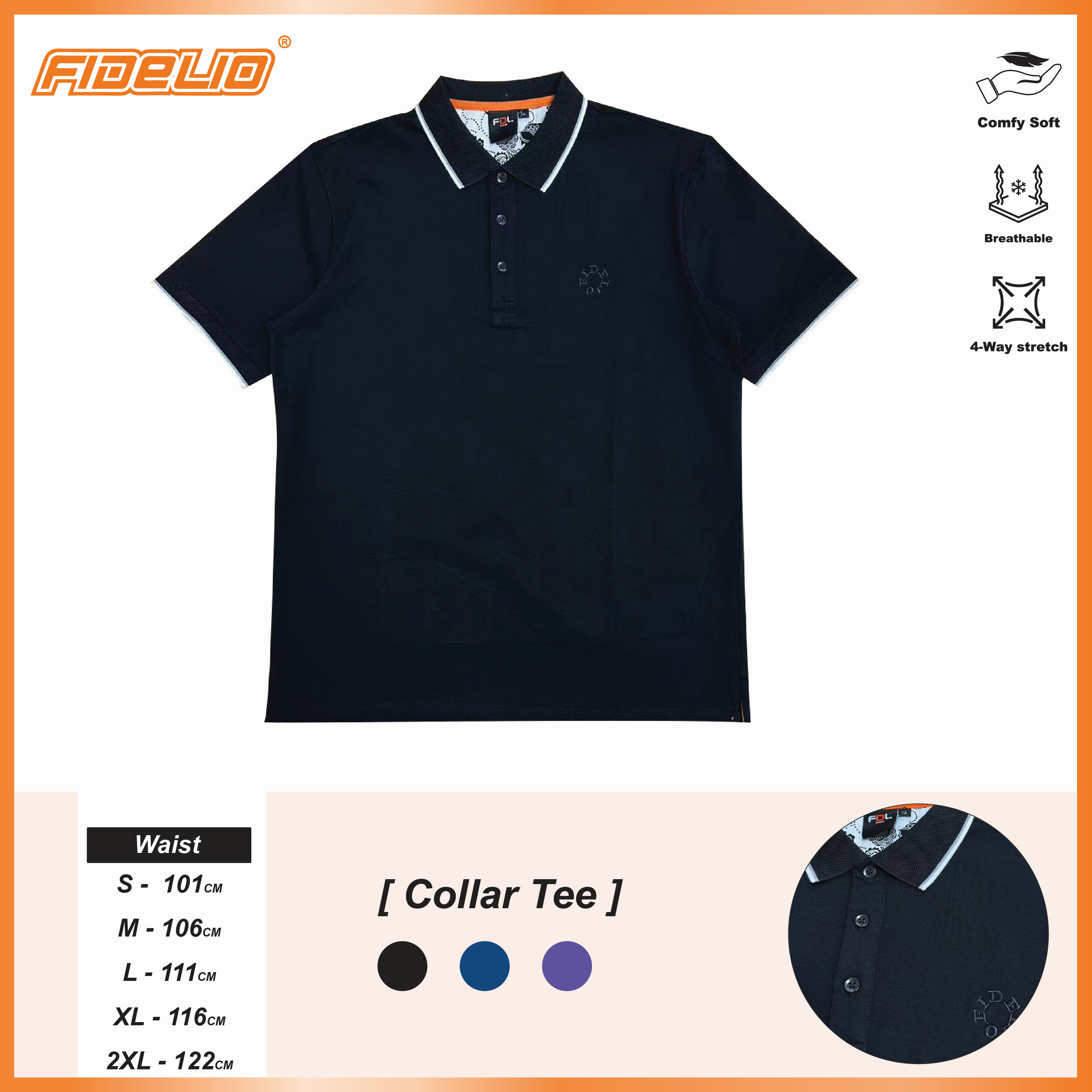 FDL Contrast Lining Collar Polo Tees - Black