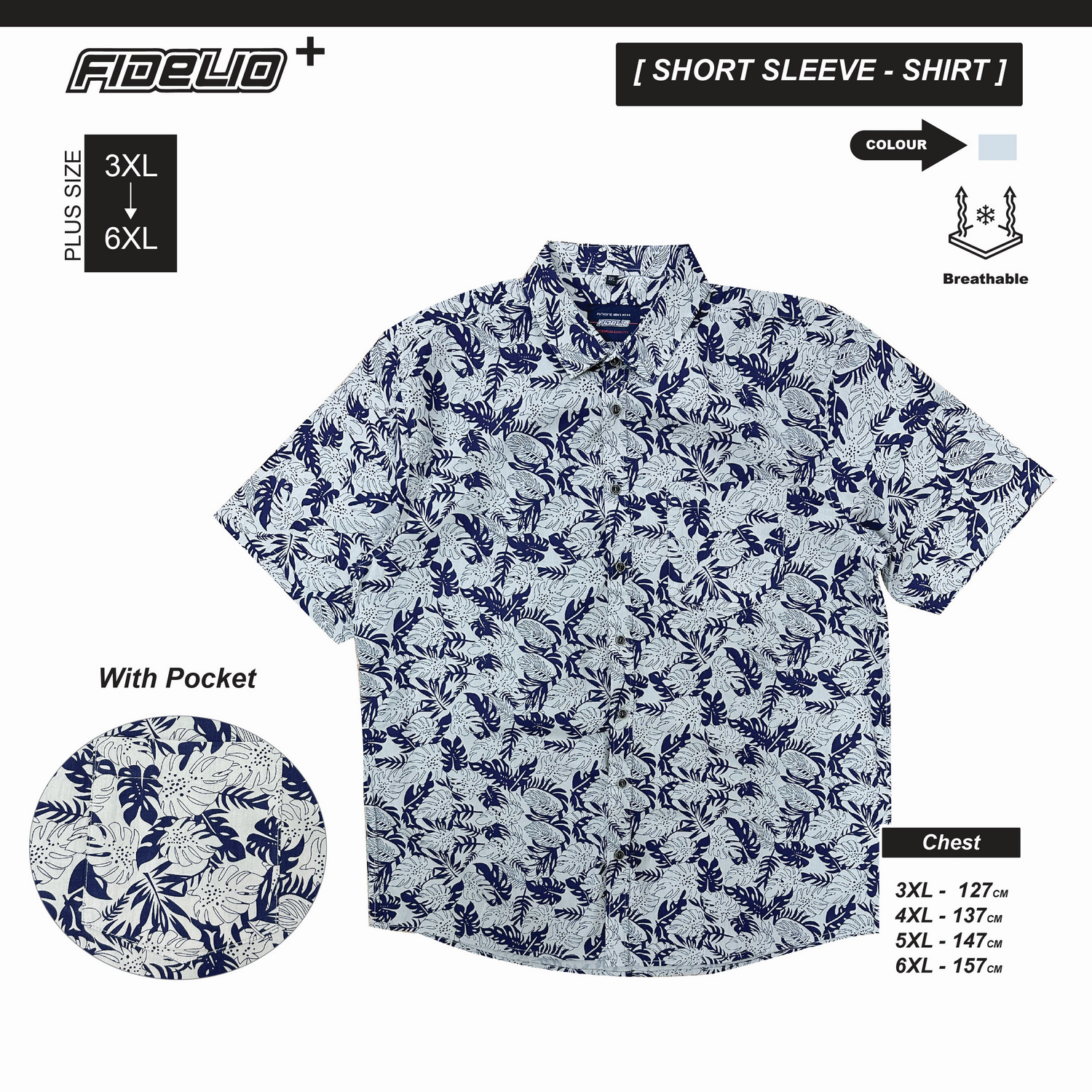 Fidelio Plus Size Tropical Breeze Short Sleeve Shirts - Grey/Navy