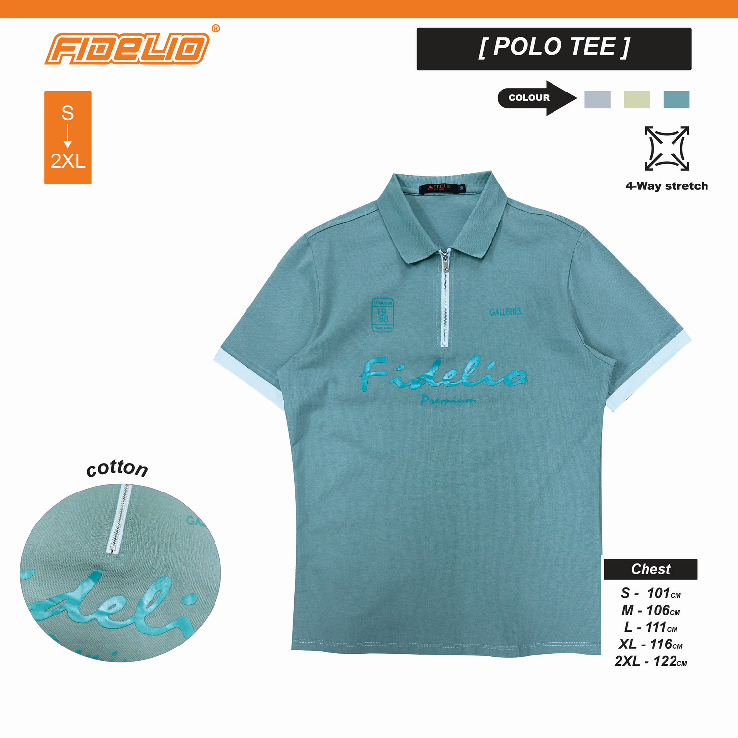 Fidelio Zipper Premium Polo Tees -Turquoise Green