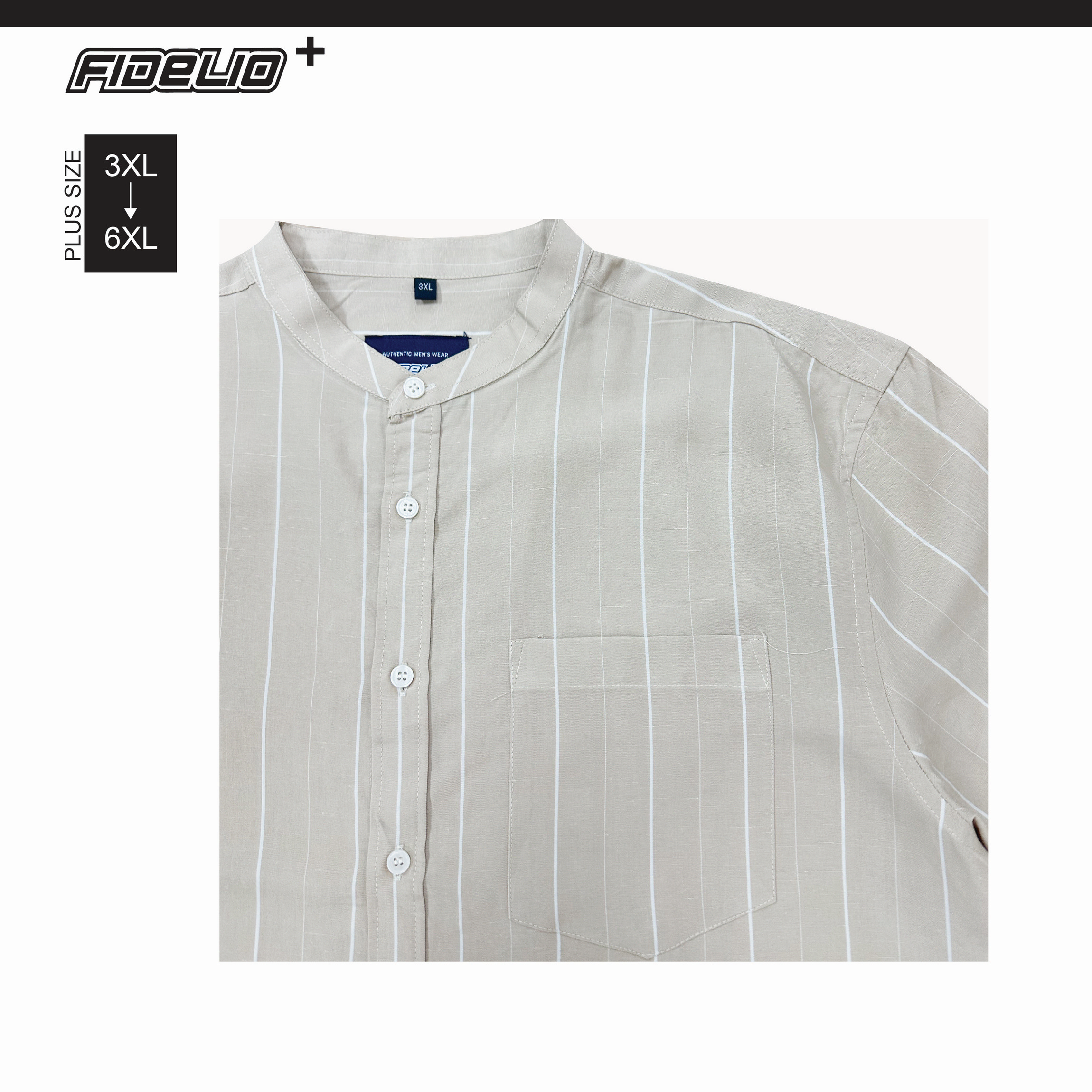 Fidelio Plus Size Mandarin Collar Stripe Casual Shirts -Brown/White