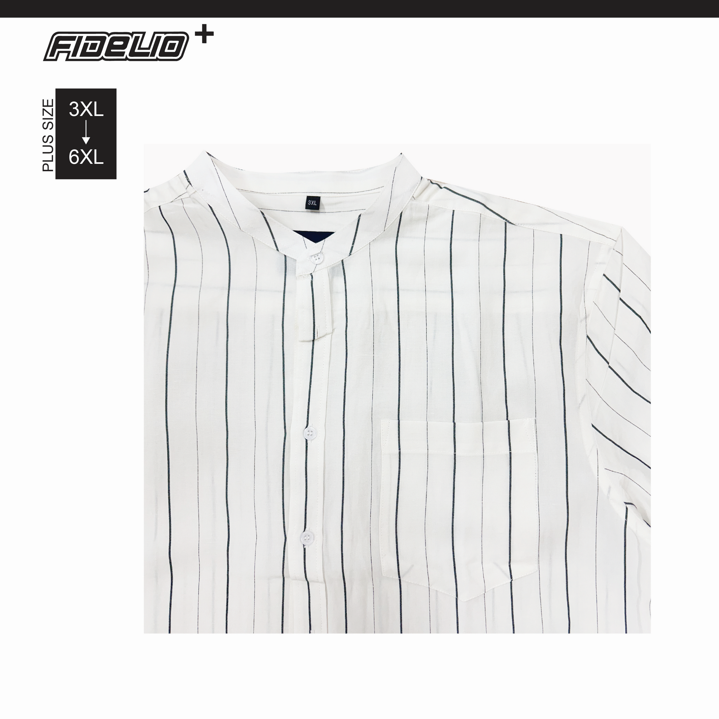 Fidelio Plus Size Mandadrin Collar Stripe Casual Shirts -White/Black