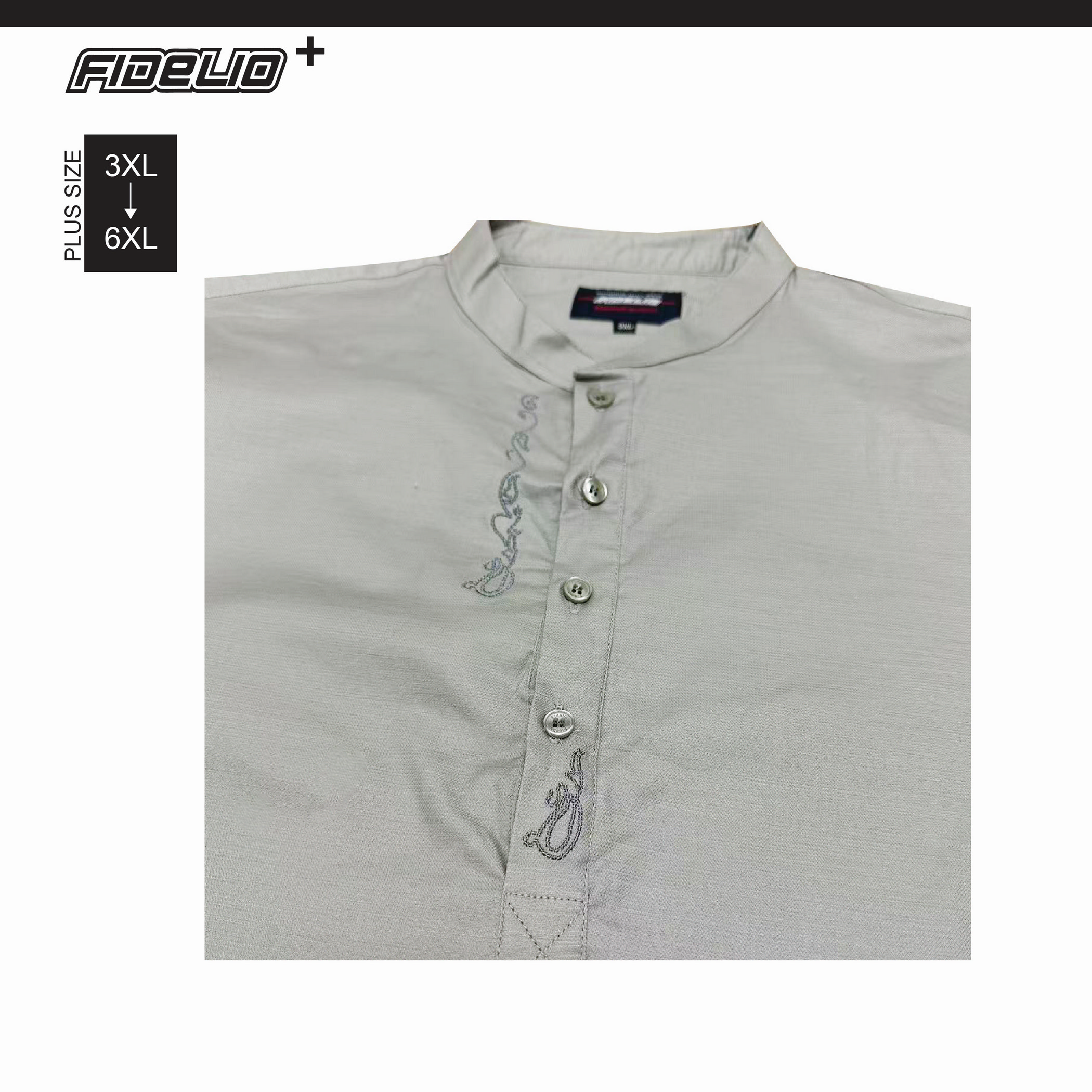 Fidelio Plus Size Embroidery Mandarin Collar Shirts -Light Grey