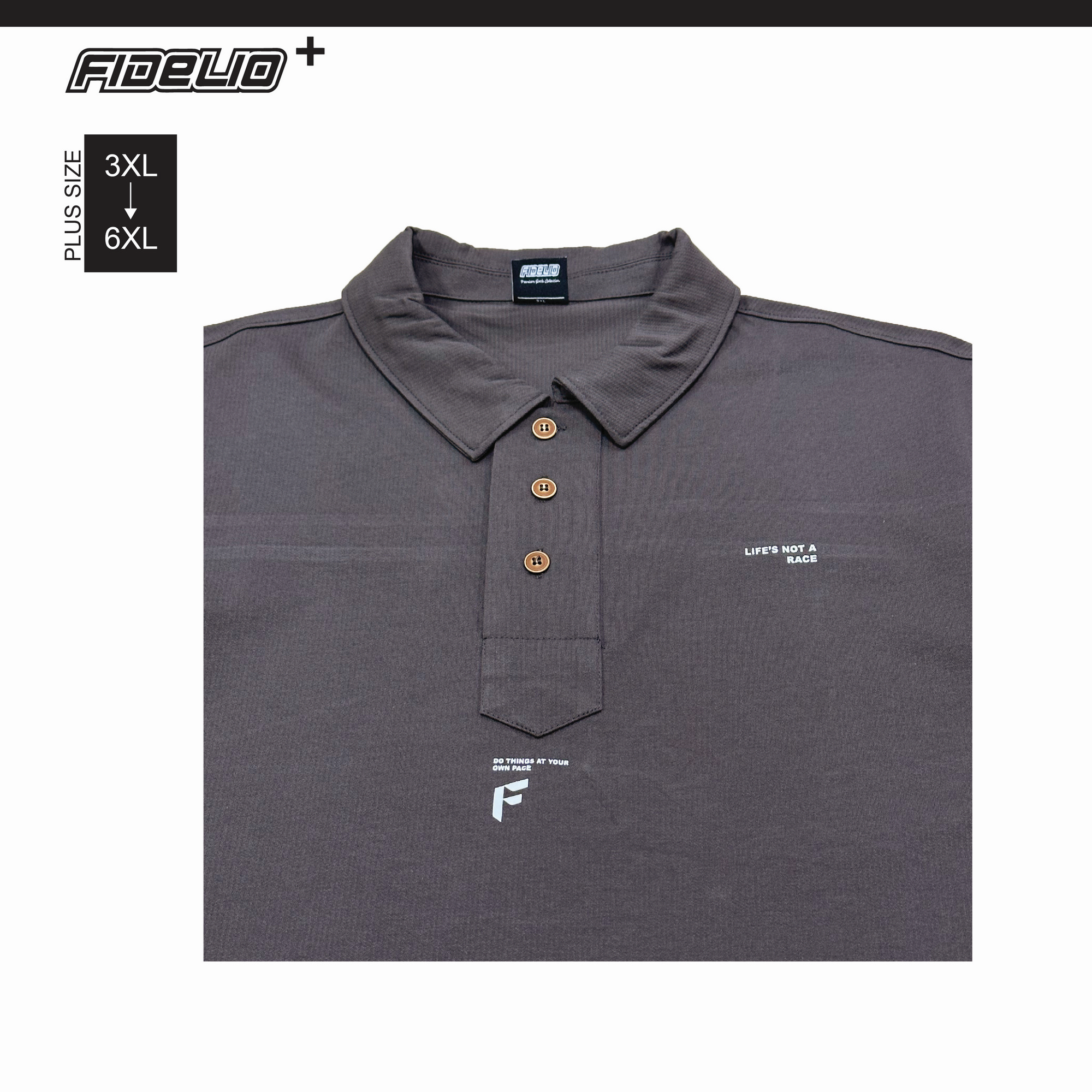 FIDELIO Plus Size Refined Back Pleat Polo Tees - Dark Grey