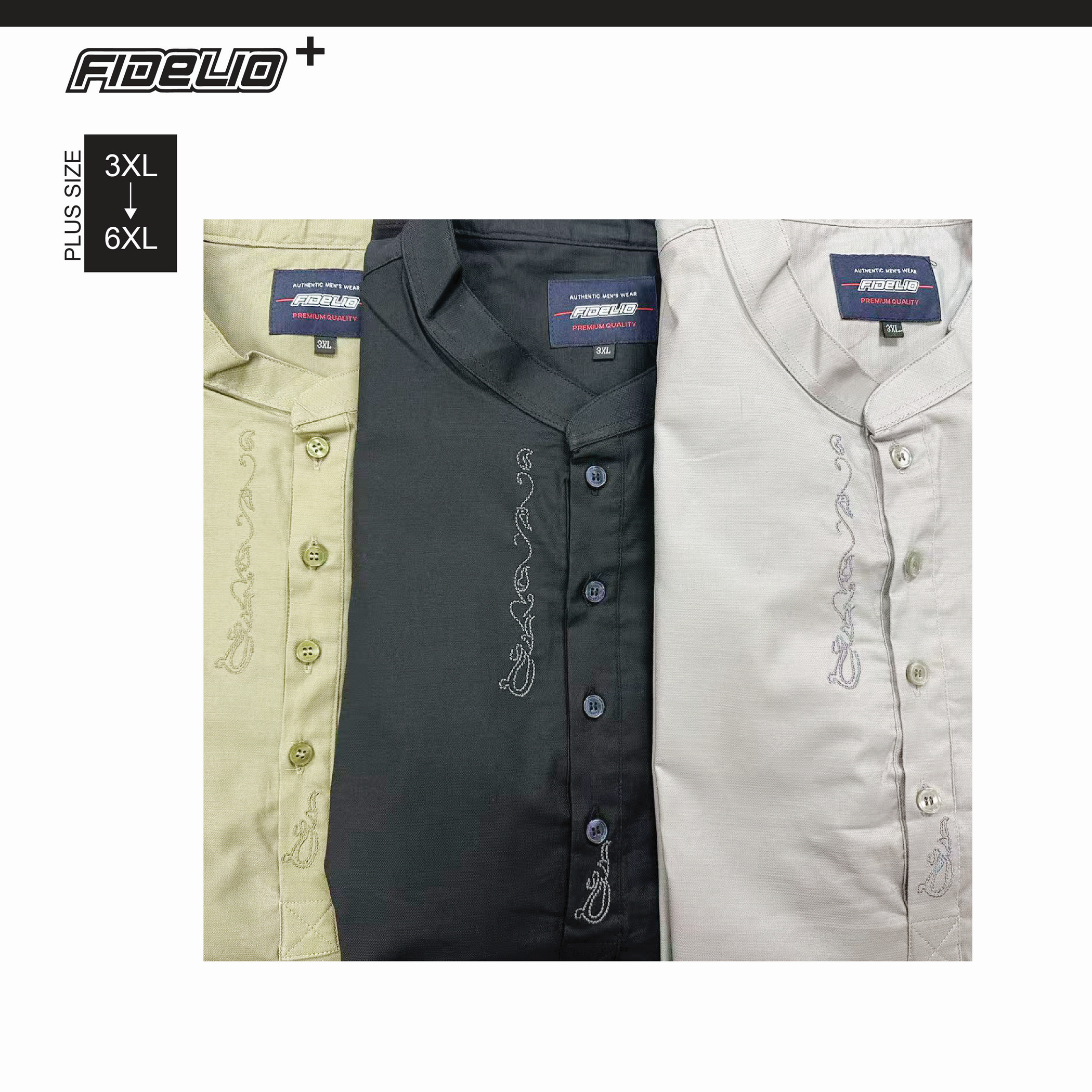 Fidelio Plus Size Embroidery Mandarin Collar Shirts -Light Grey