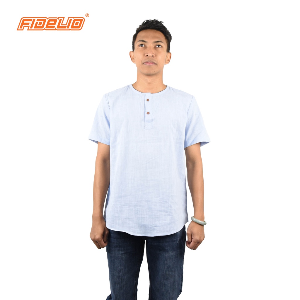 FIDELIO Henley Linen Shirts - Light Blue