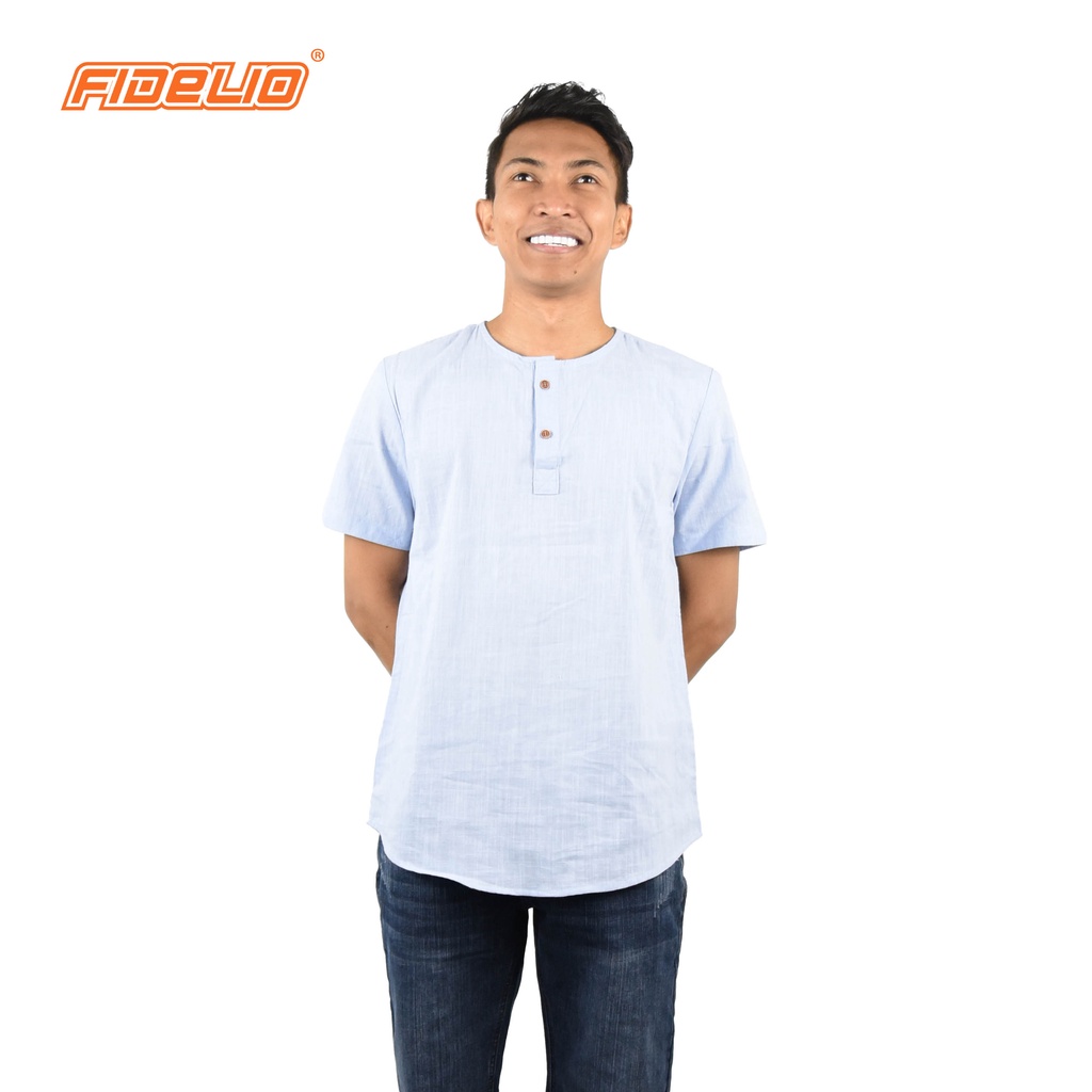 FIDELIO Henley Linen Shirts - Light Blue