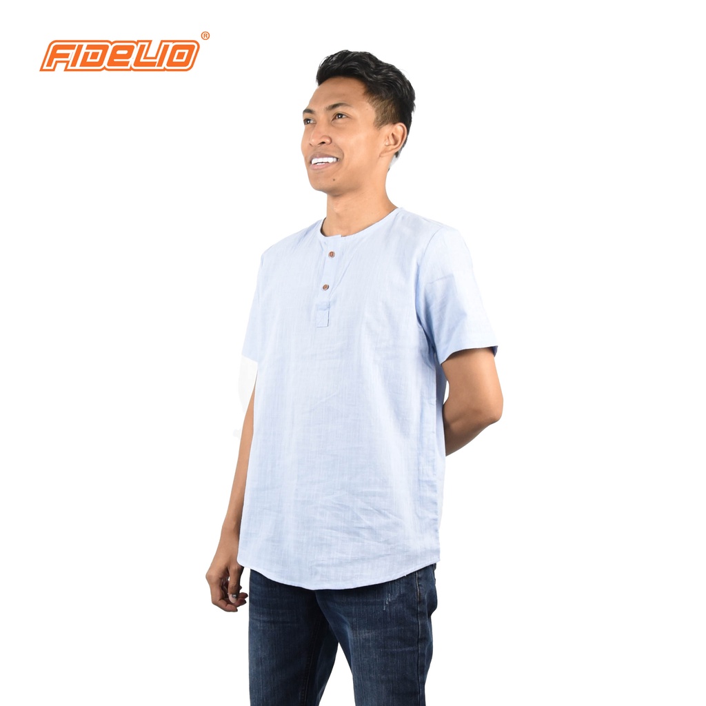 FIDELIO Henley Linen Shirts - Light Blue