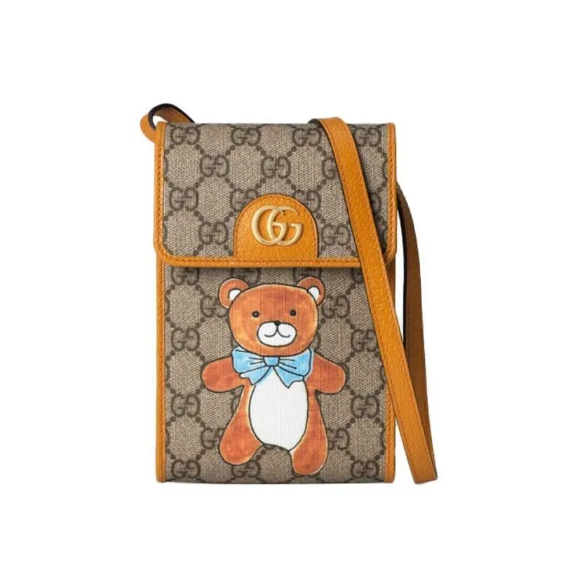 【GUCCI×KAIジョイントモデル】グッチ テディベアプリント キャンバスとレザー ワンショルダー斜め携帯バッグ/ミニ ベージュ エボニー