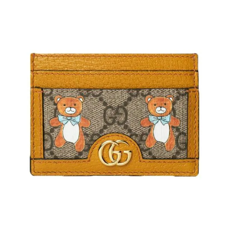 【GUCCI×KAIジョイントモデル】グッチ テディベアプリン トキャンバスとレザーカードホルダー ベージュ エボニー