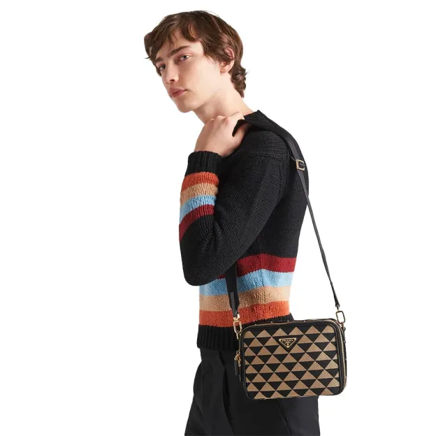 PRADA(プラダ) プラダ ブリック エンブロイダリーファブリック バッグ ブラック＋ベージュ