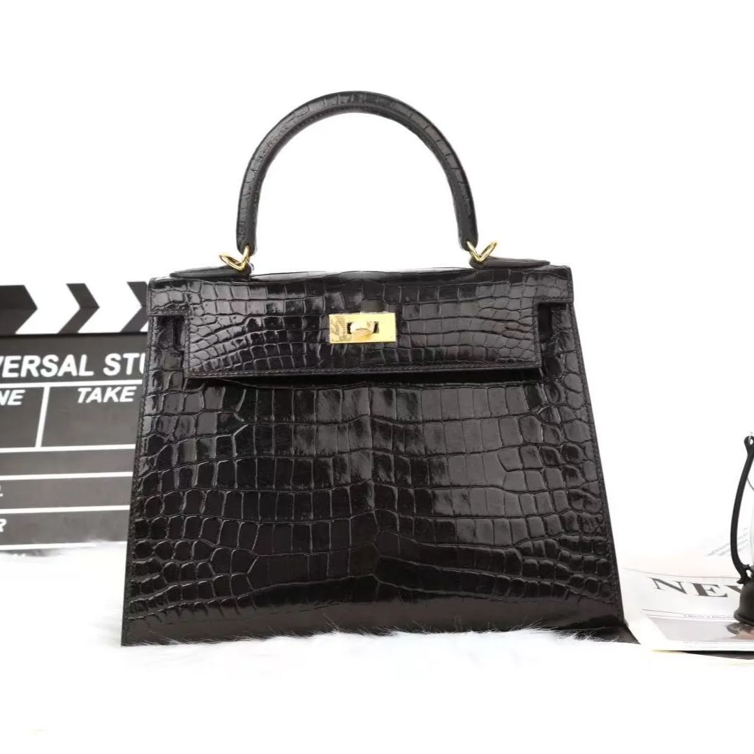 エルメス HERMES ケリー ケリー25 クロコダイルニロティカス ブラック ゴールド金具 Y刻印