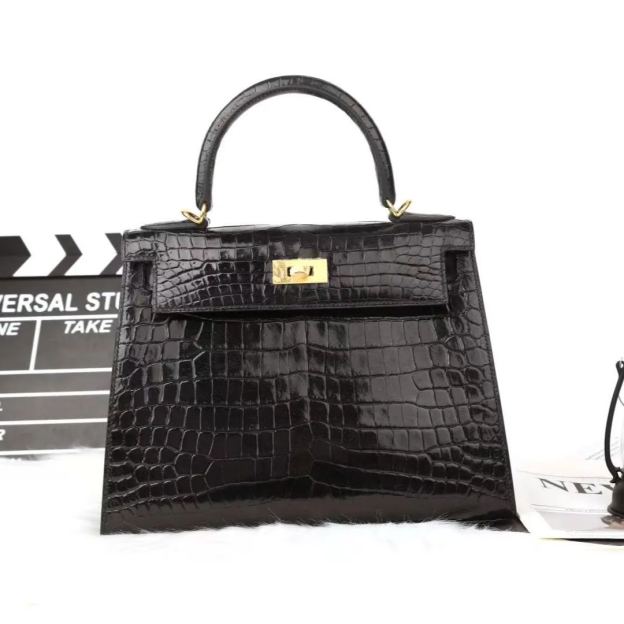 エルメス HERMES ケリー ケリー25 クロコダイルニロティカス ブラック ゴールド金具 Y刻印