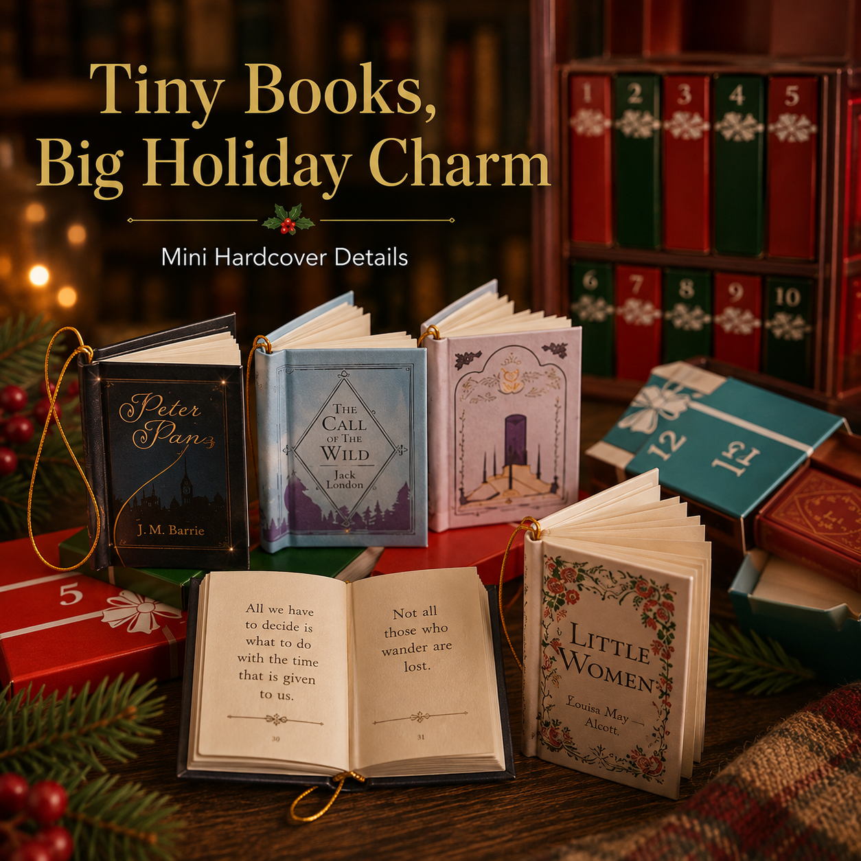 Hand holding a tiny festive mini book ornament