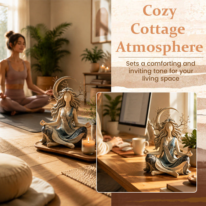 Nature goddess statue paired with candles and rustic wood decor