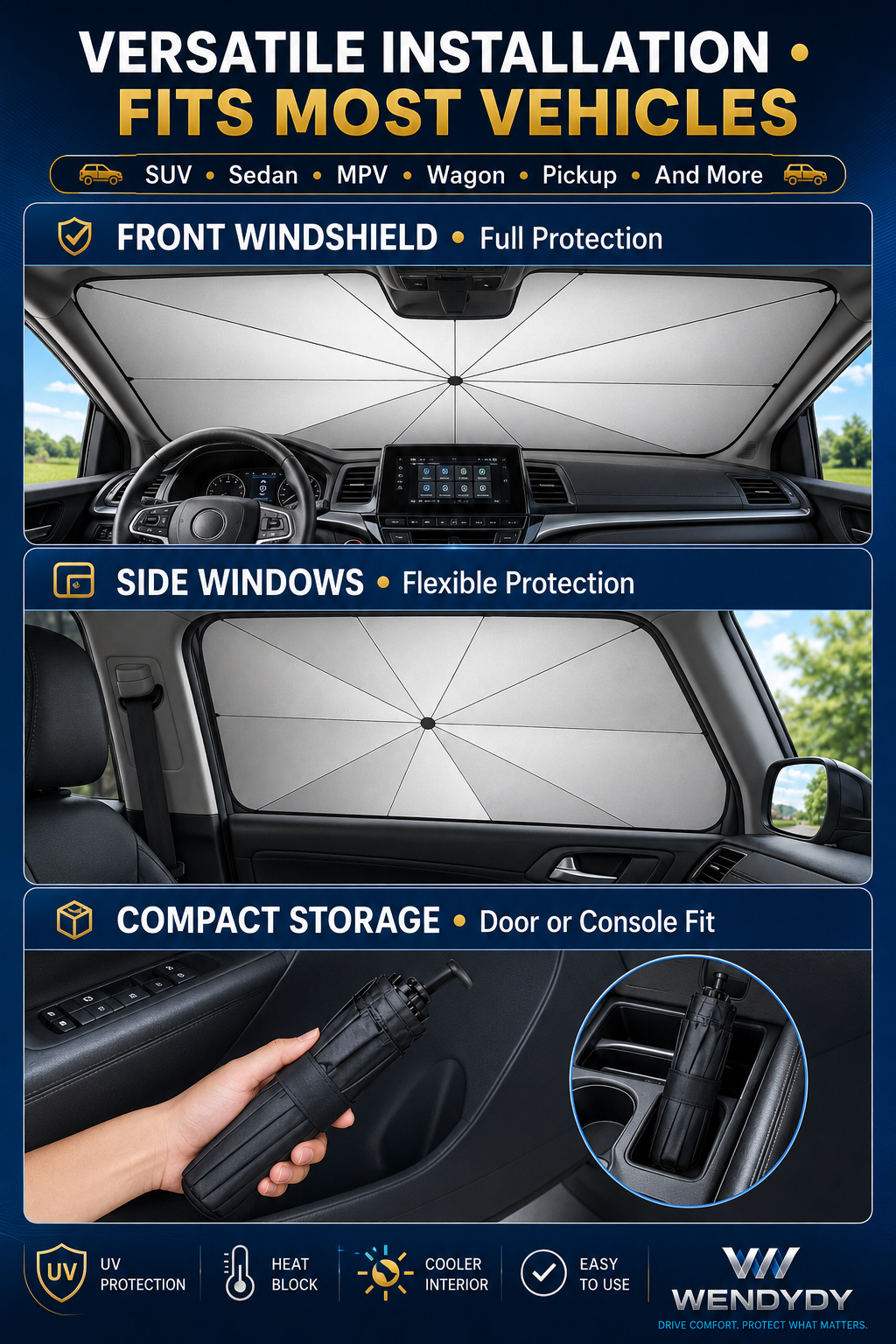 Car sunshade umbrella installation for front windshield side windows and compact storage