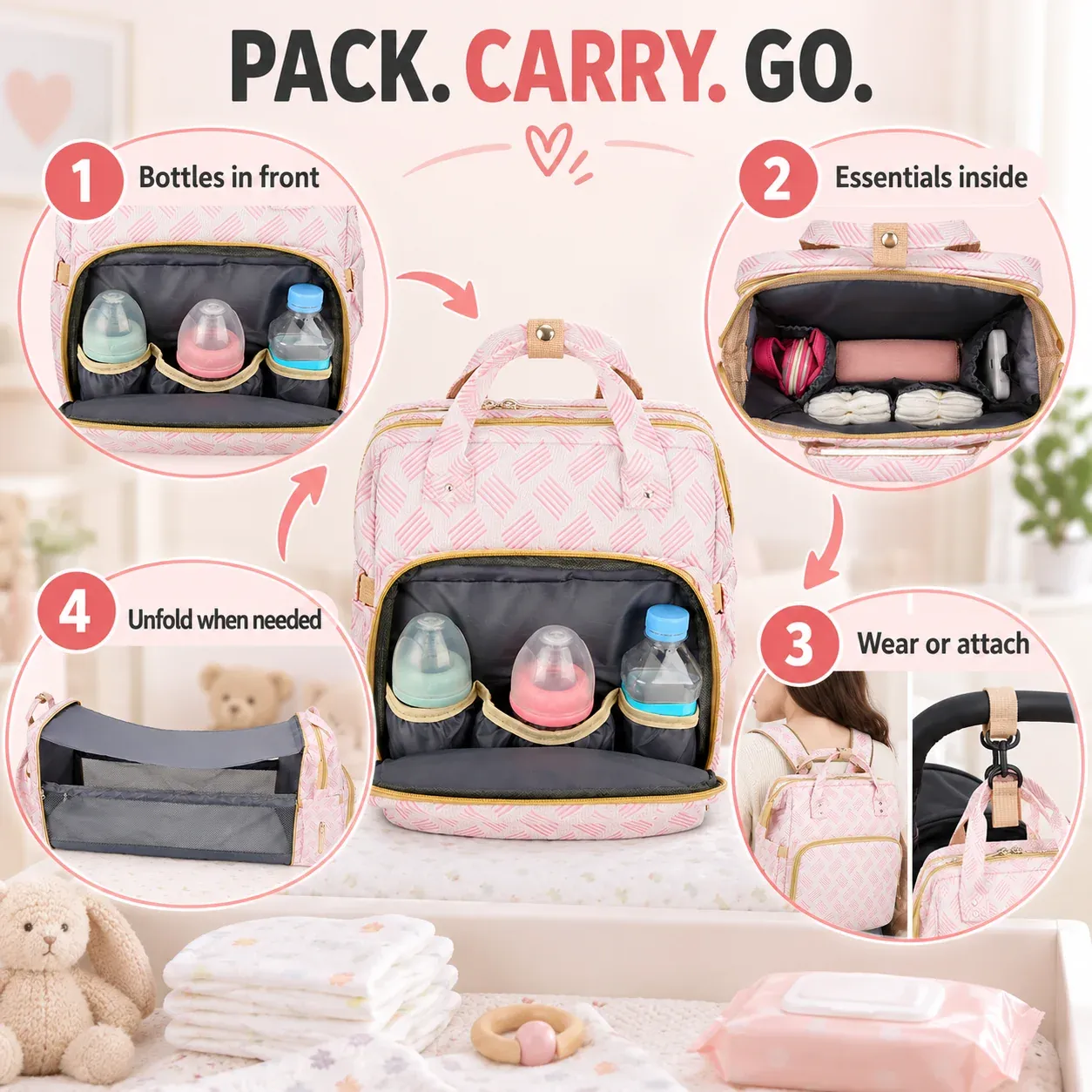Packing, carrying and unfolding the diaper backpack