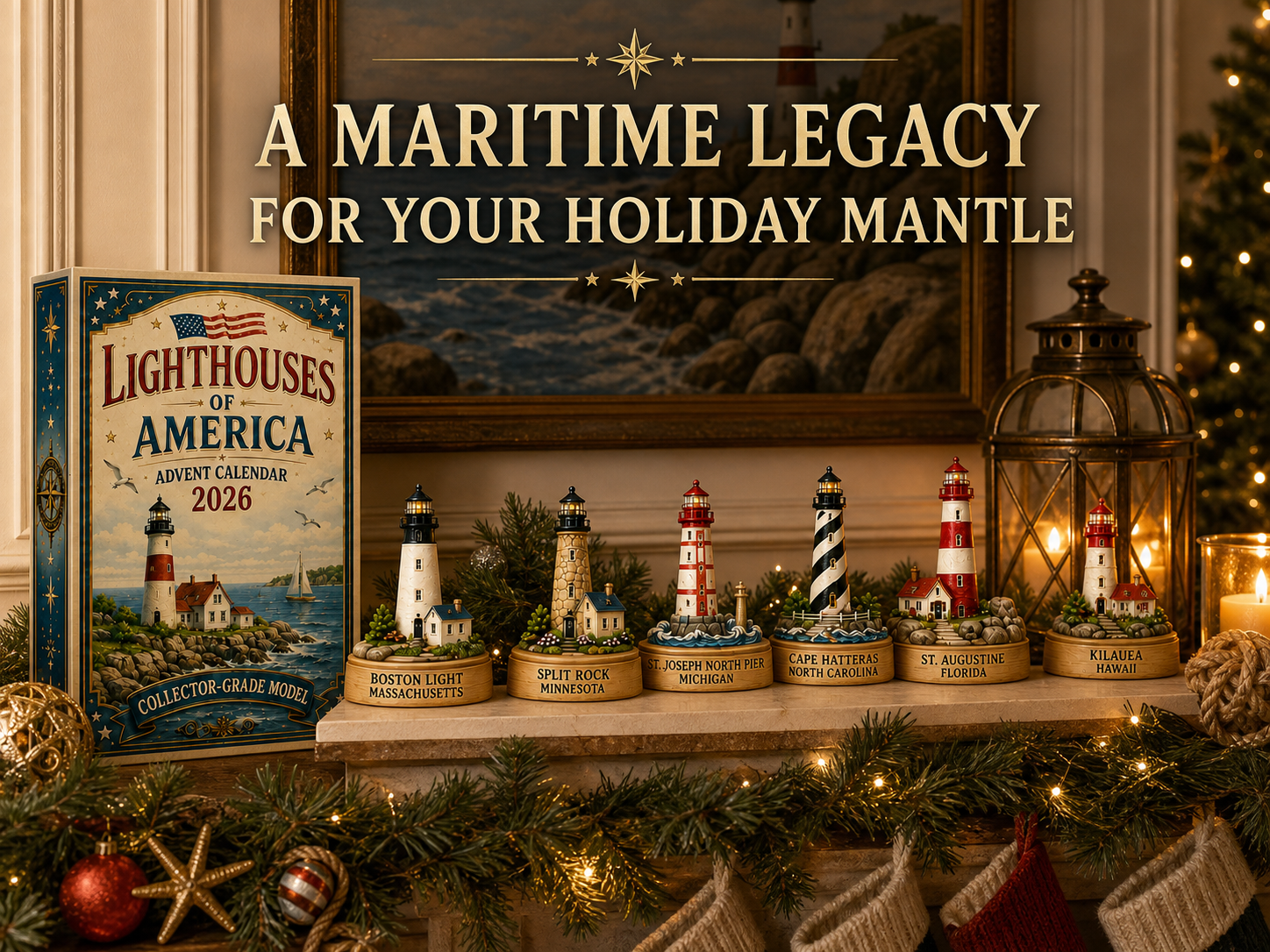 Lighthouse miniatures arranged as a Christmas mantel display