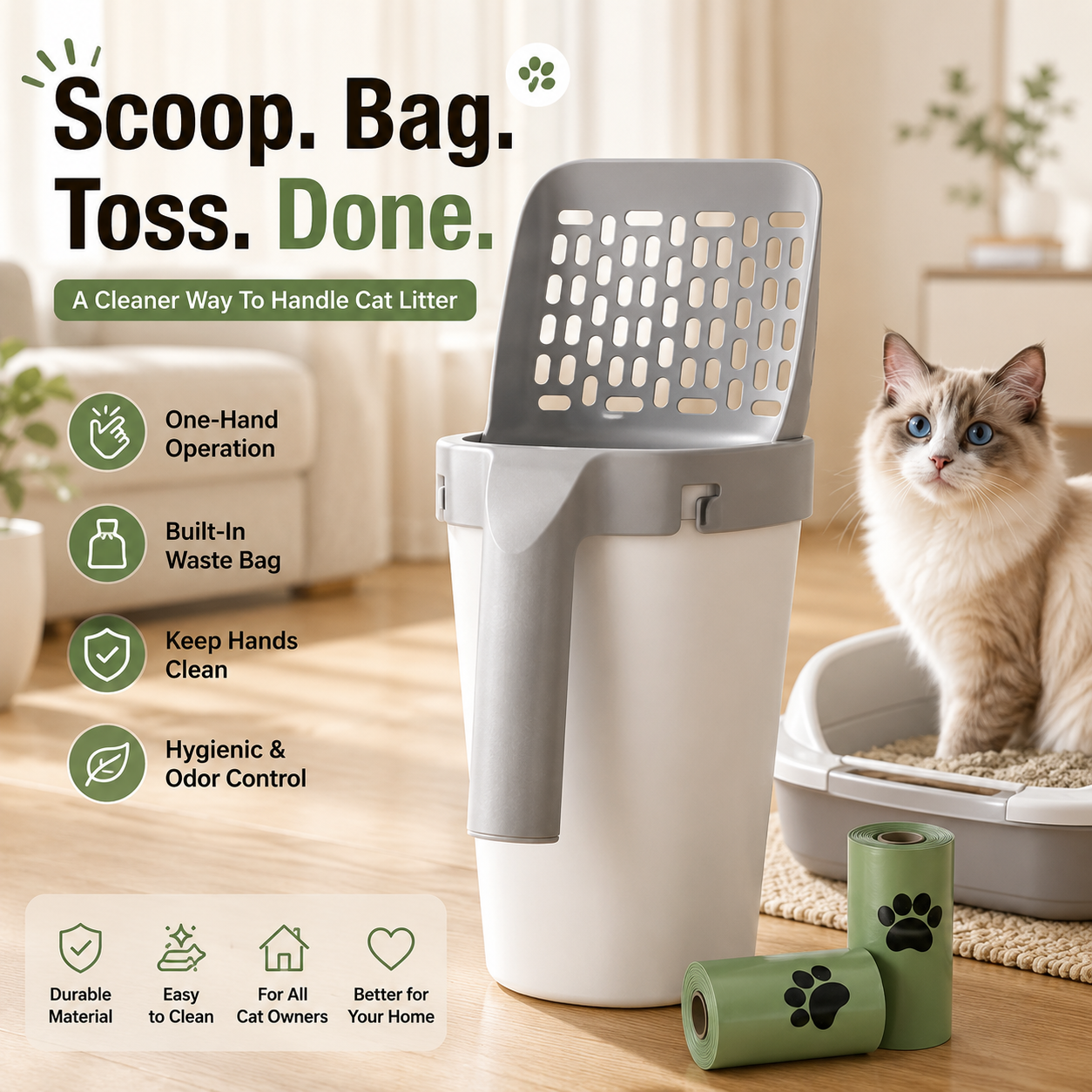 All-in-one cat litter scoop showcase