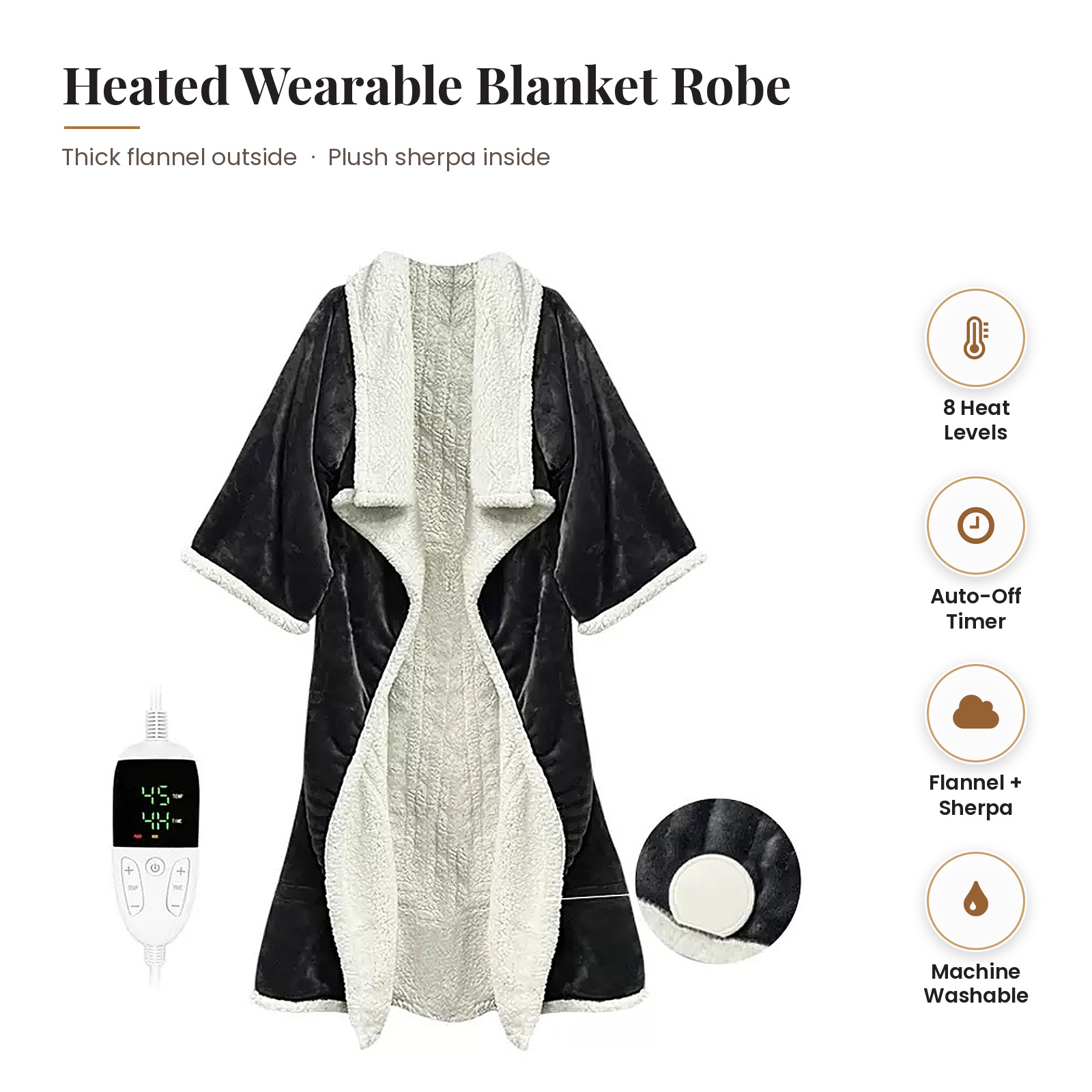 Wearable Heated Blanket Robe – Sherpa-Lined Flannel Robe with 8 Heat Levels, Auto-Off Timer & Detachable Controller