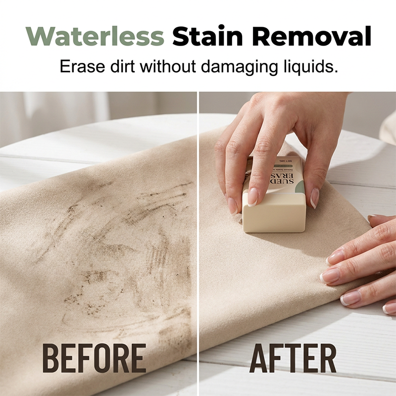 Waterless stain removal lifting dark scuffs from suede surface
