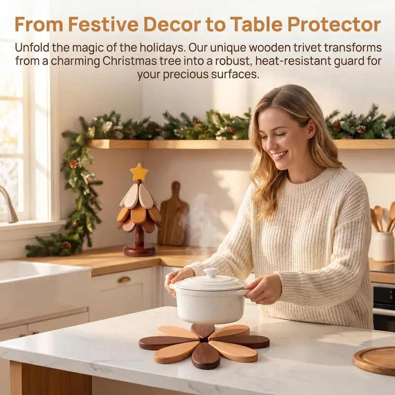 Wooden Christmas tree trivet protects table from serving pot