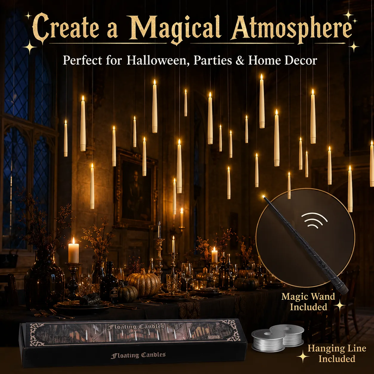 Floating candle visual effect with clear hanging line