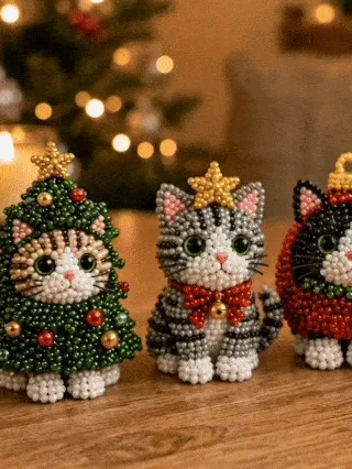 3D beaded Christmas cat DIY craft process animation loop