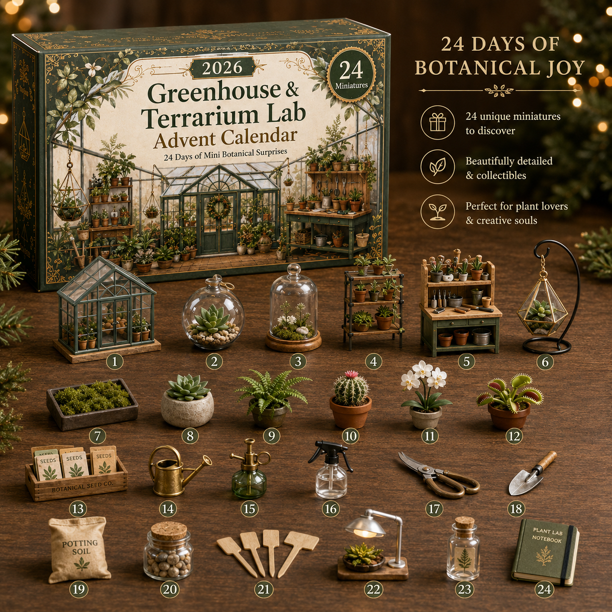 24 botanical miniatures in Greenhouse and Terrarium Lab Advent Calendar