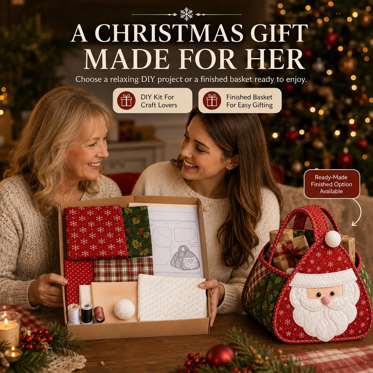 DIY sewing kit and finished Christmas basket options