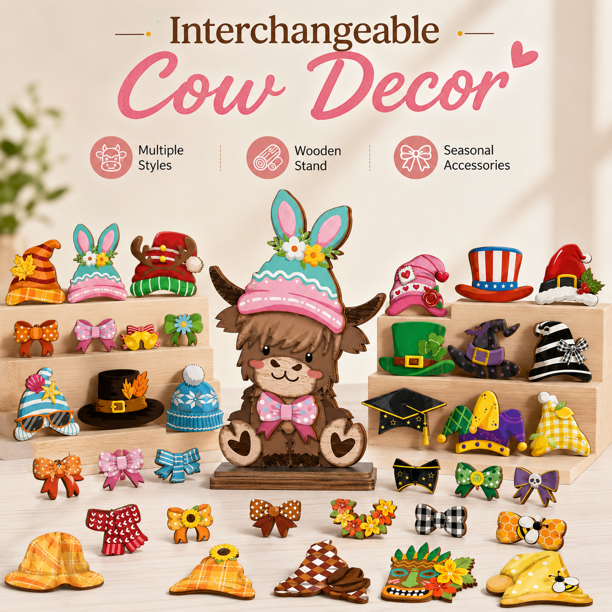 Highland cow wooden decor with interchangeable accessories