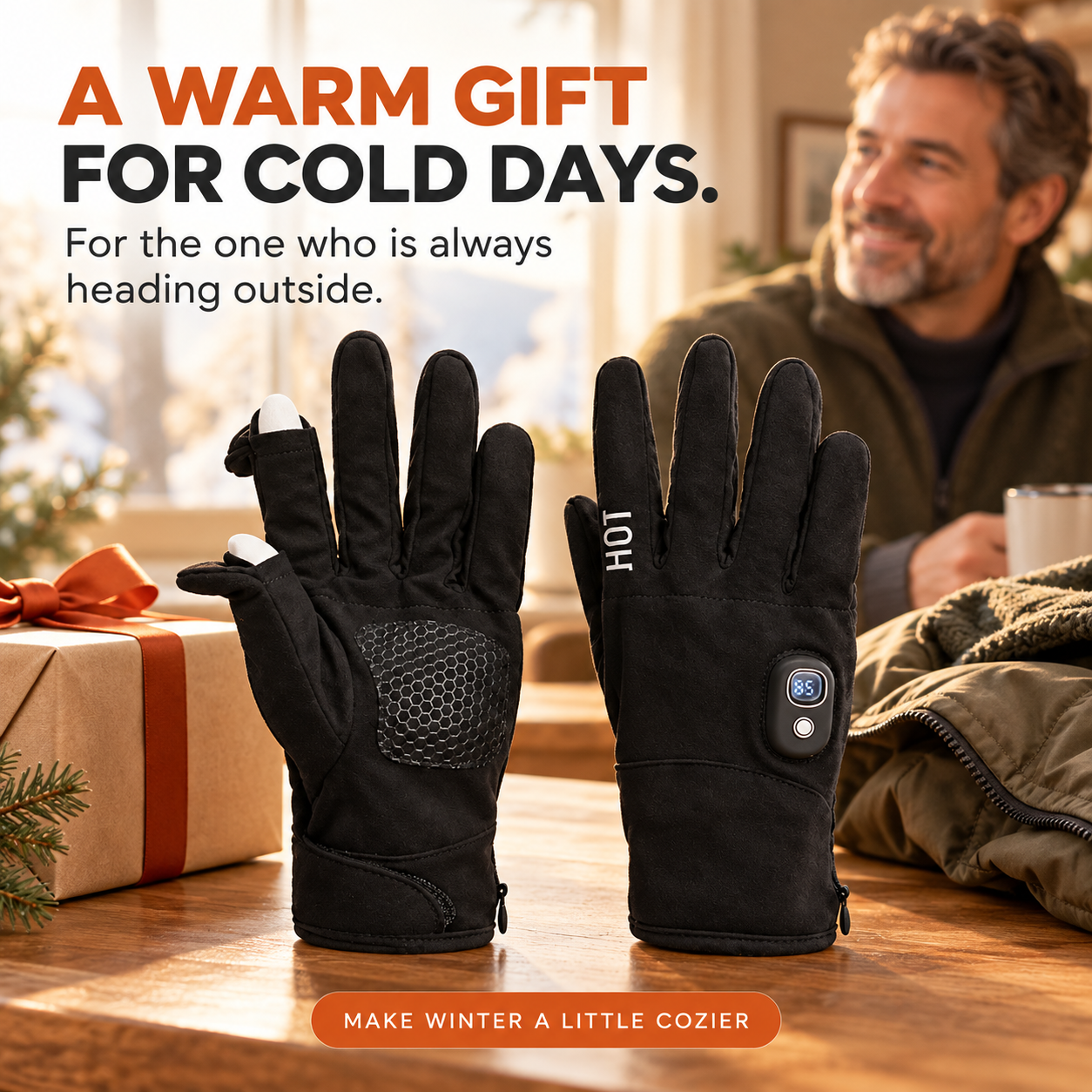 Heated gloves styled as a practical gift for cold days