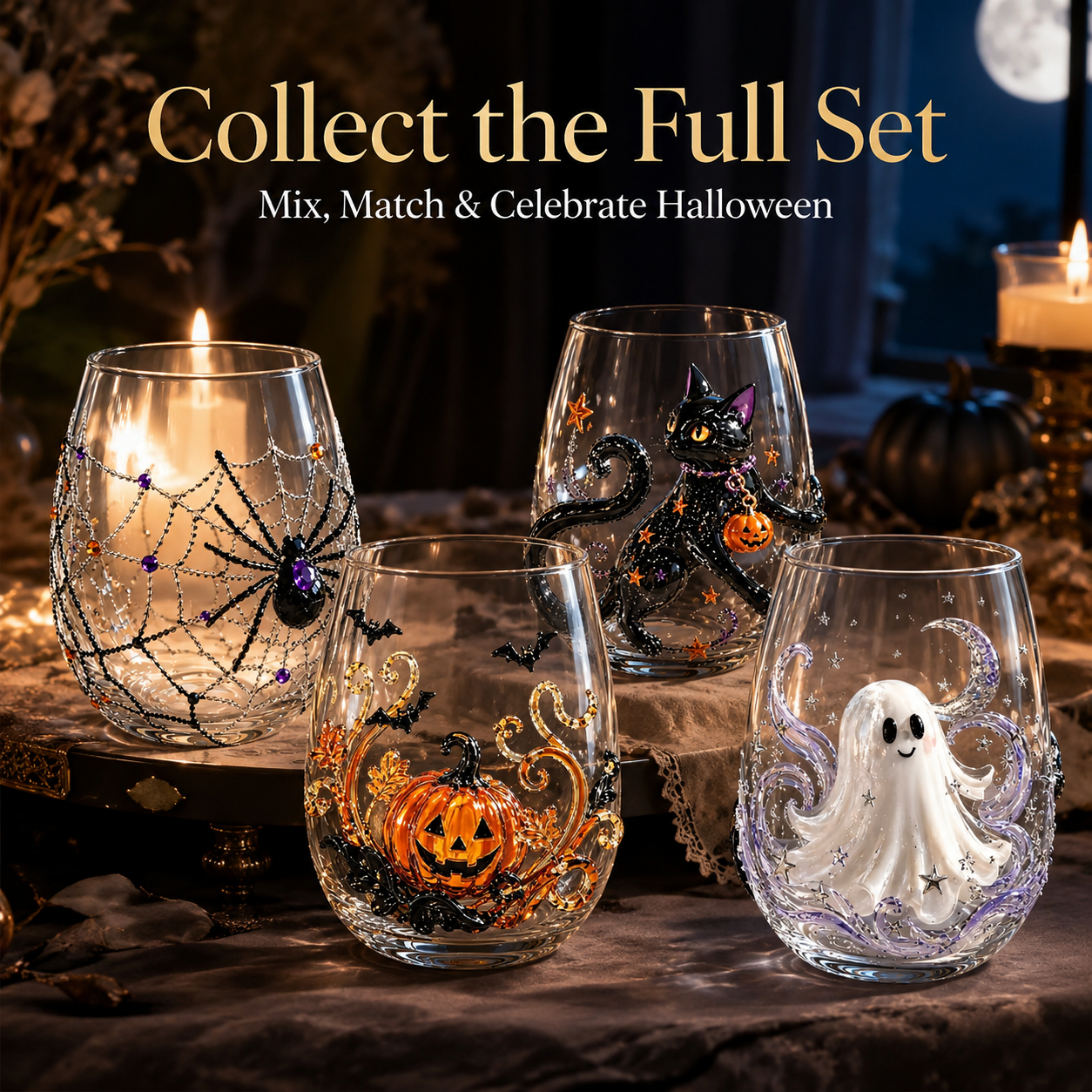 All 4 Halloween stemless glasses lined up on table