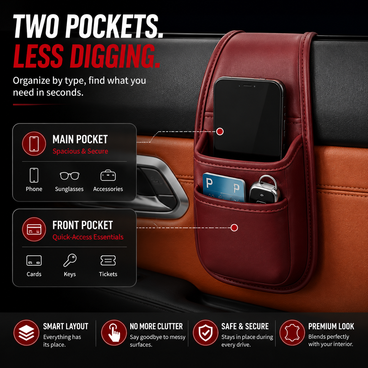 Double pocket car storage organizer