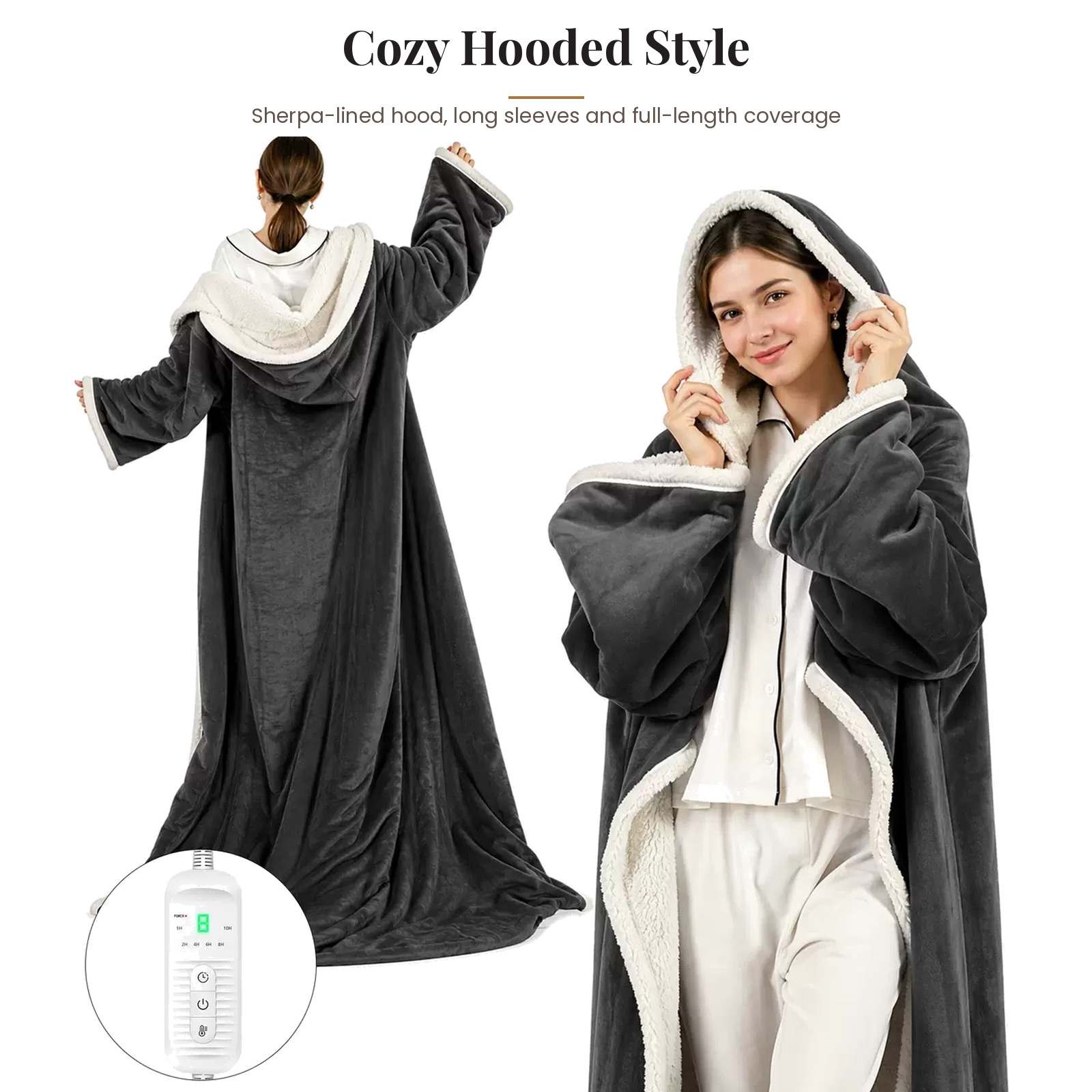 Wearable Heated Blanket Robe – Sherpa-Lined Flannel Robe with 8 Heat Levels, Auto-Off Timer & Detachable Controller