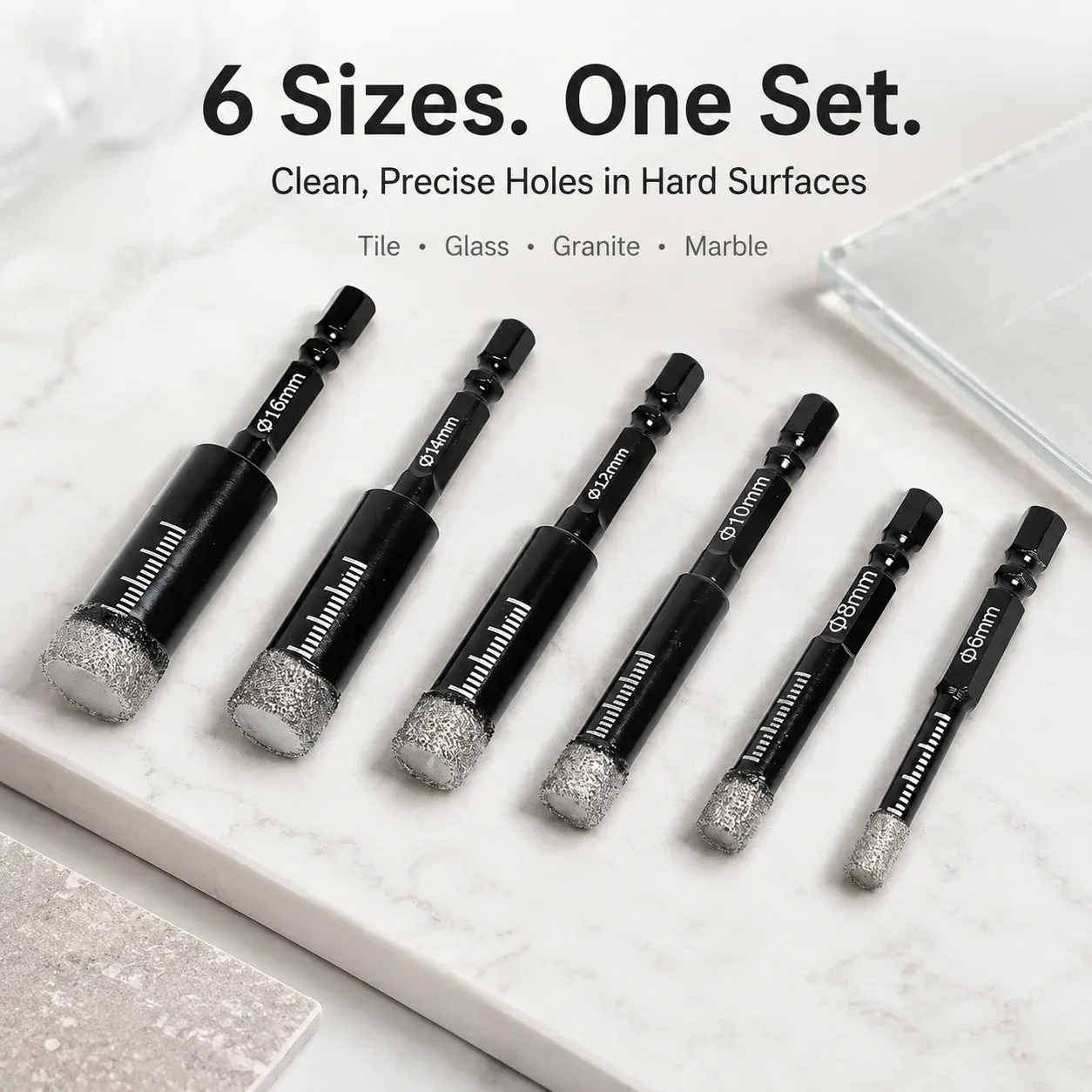 Diamond drill bit set for hard surfaces