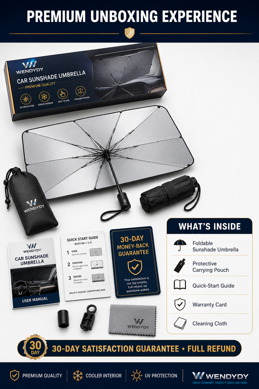 Car sunshade umbrella package contents carrying pouch guide warranty card and cleaning cloth
