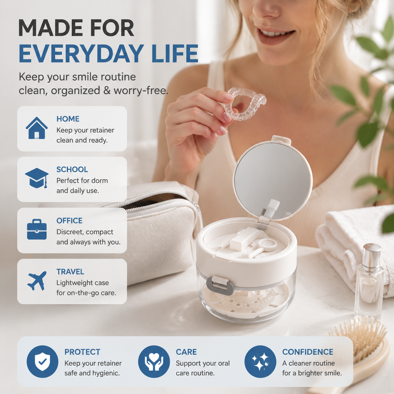 Retainer case with lift-up basket built-in mirror brush and remover storage