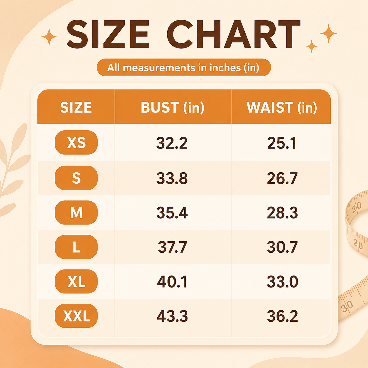 Women's two-piece set size chart and fit measurement guide