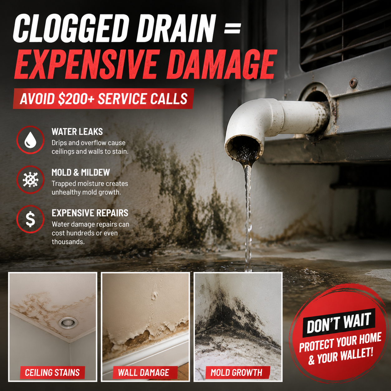 AC drain line cleaning tool connected to shop vacuum