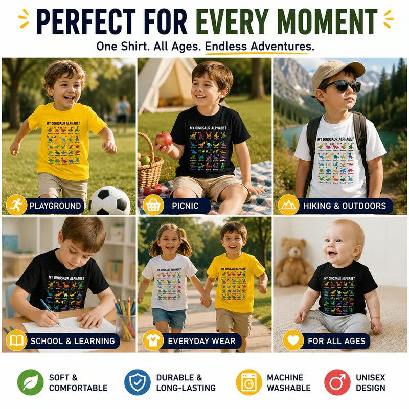 Durable dinosaur alphabet kids shirt