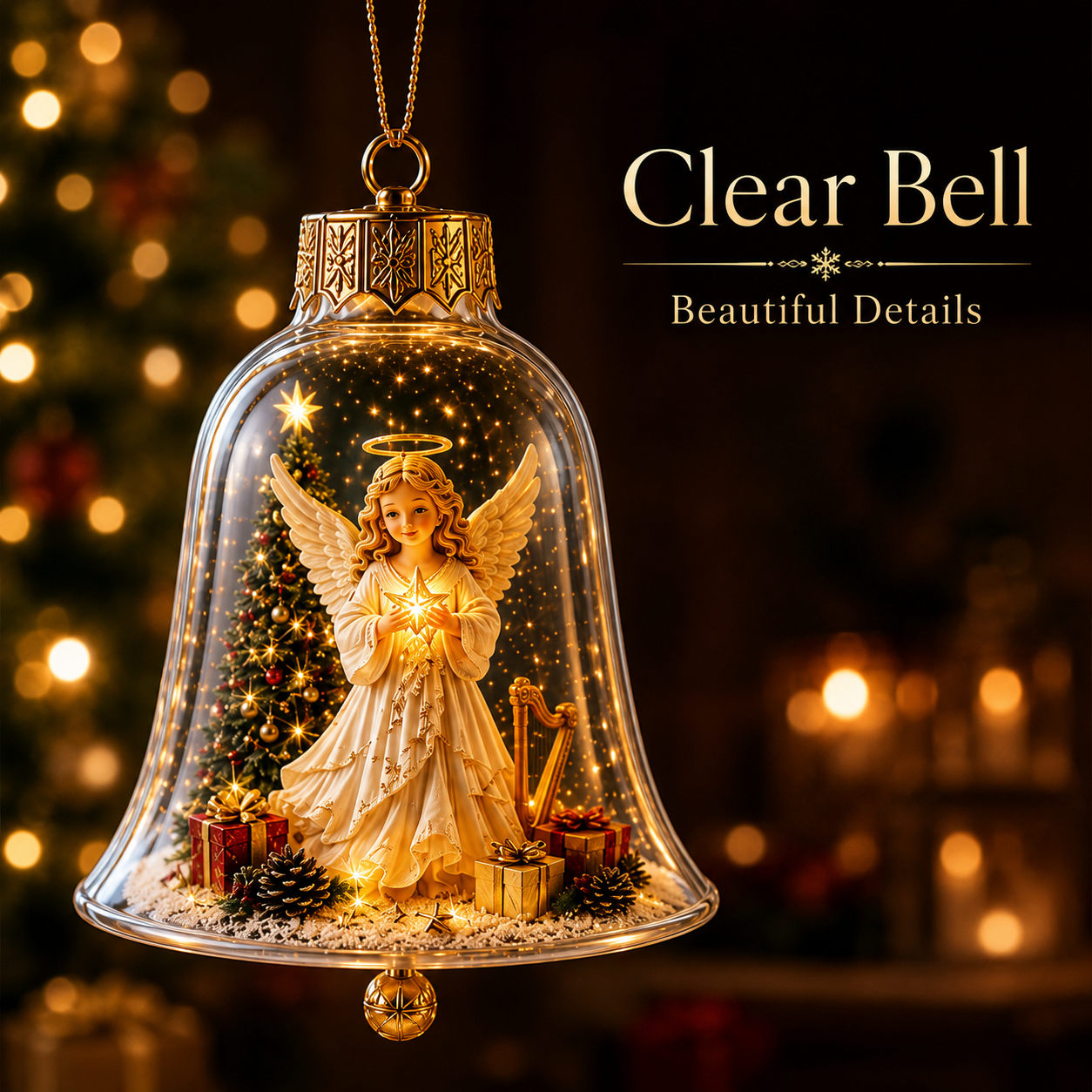 Clear bell-shaped Christmas ornament showcasing intricate miniature holiday scene inside