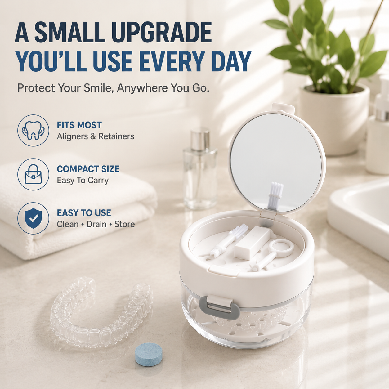 Portable retainer cleaning case for home school office dorm and travel