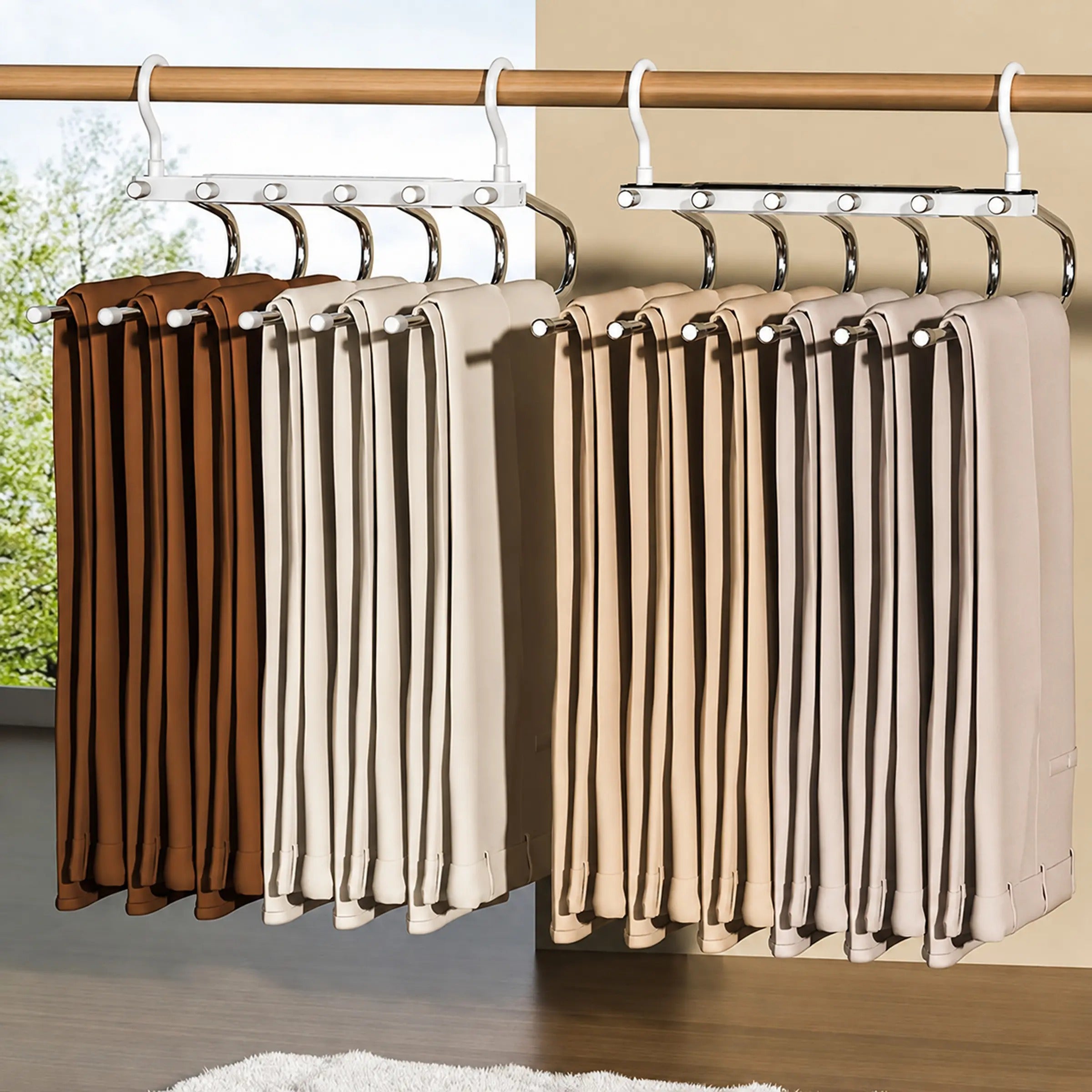 Multiple pants organized on 6 tier hanger