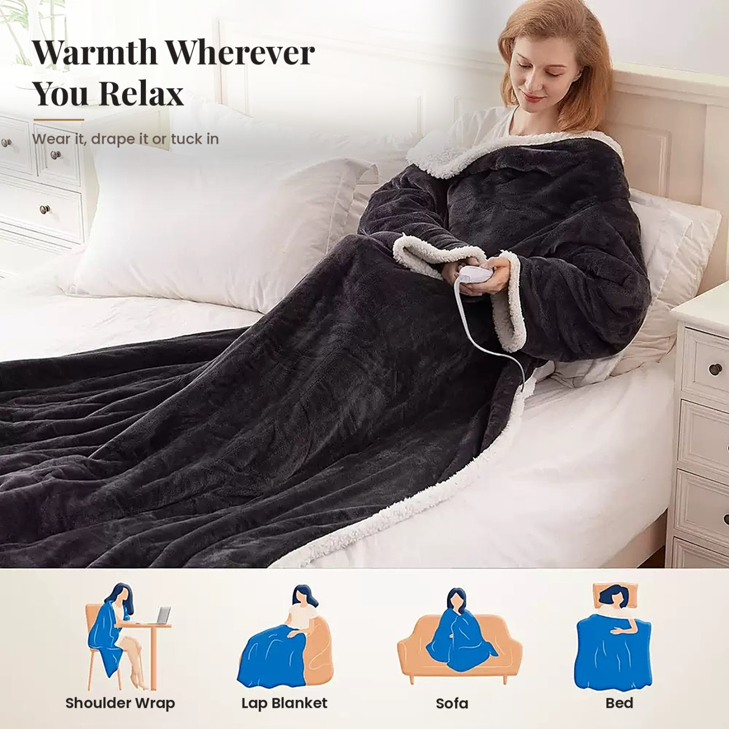 Wearable Heated Blanket Robe – Sherpa-Lined Flannel Robe with 8 Heat Levels, Auto-Off Timer & Detachable Controller