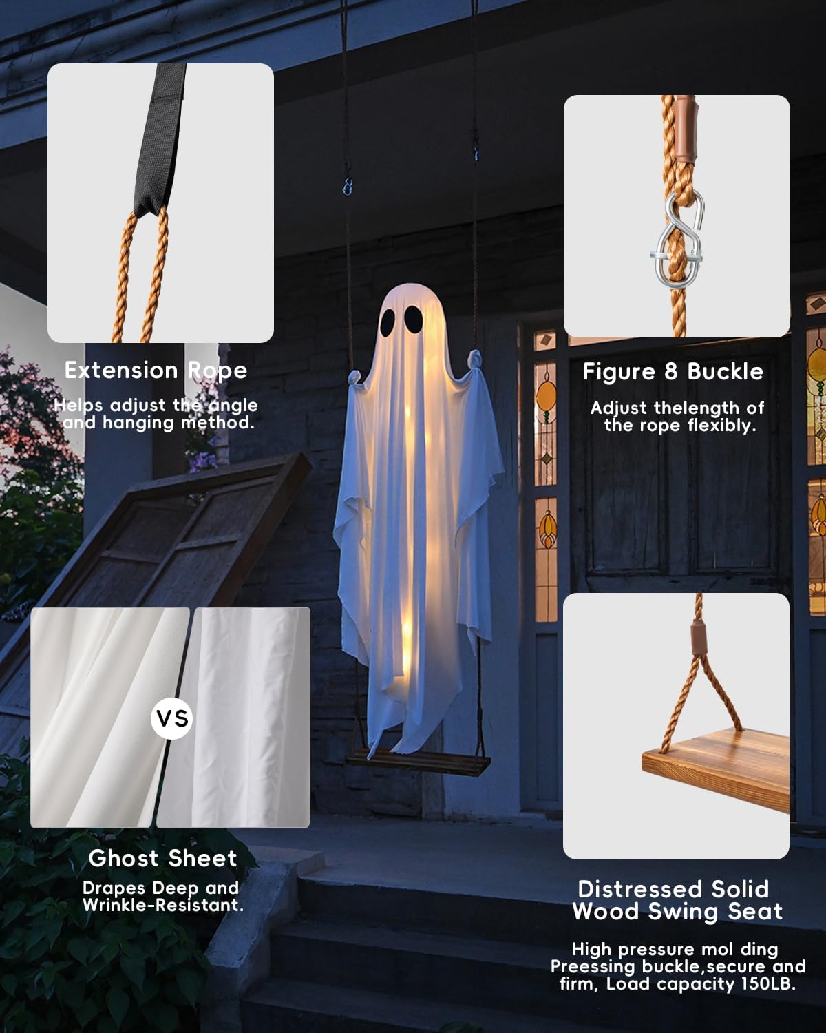 Swinging ghost rope, buckle, fabric, and wood seat details