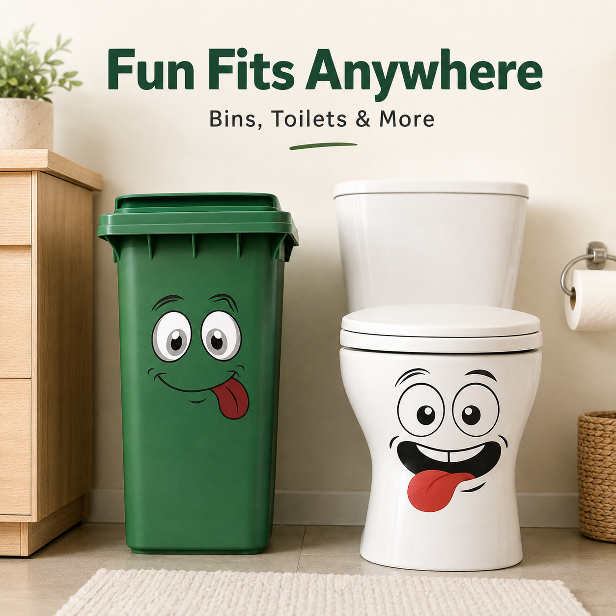 Cartoon face decal applied on kitchen trash can