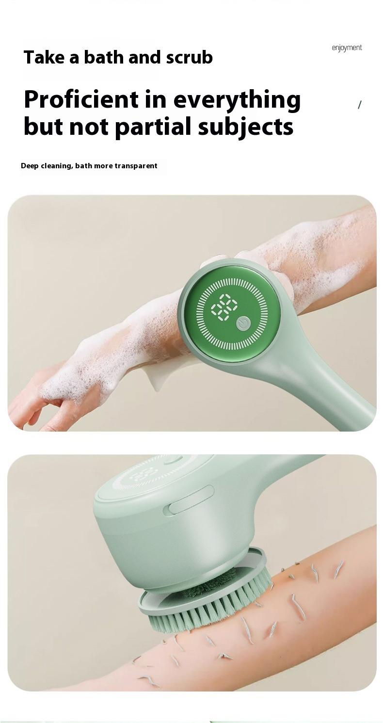 Rechargeable Motorized Electric Shower Back Scrubber - Long Handle IPX Waterproof PVC Spin Bath Brush with 5 Replaceable Heads, 3 Speed Modes, Exfoliating Massager for Adults Sensitive Skin, USB, Full Body (Shoulders, Calves Care, Great Gift Option)