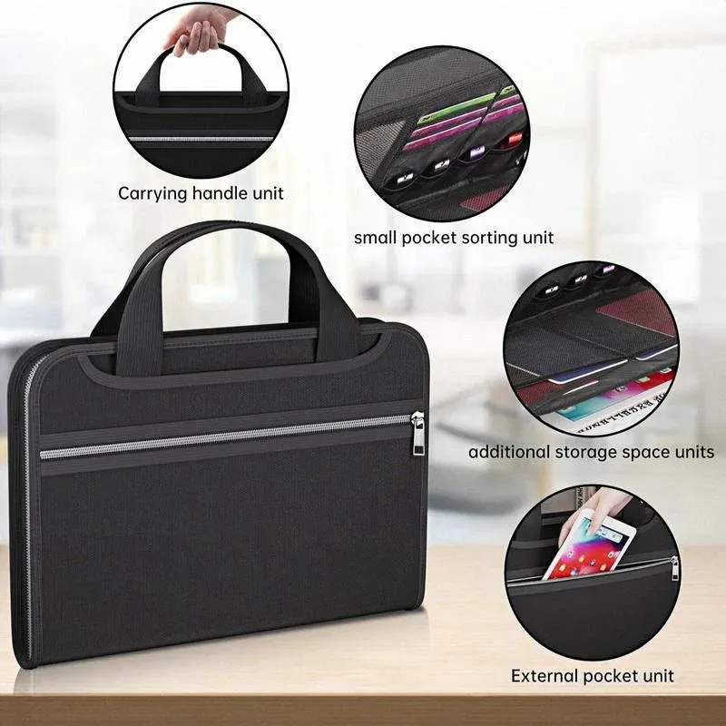 Portable document organizer with external pocket double zipper and hand strap