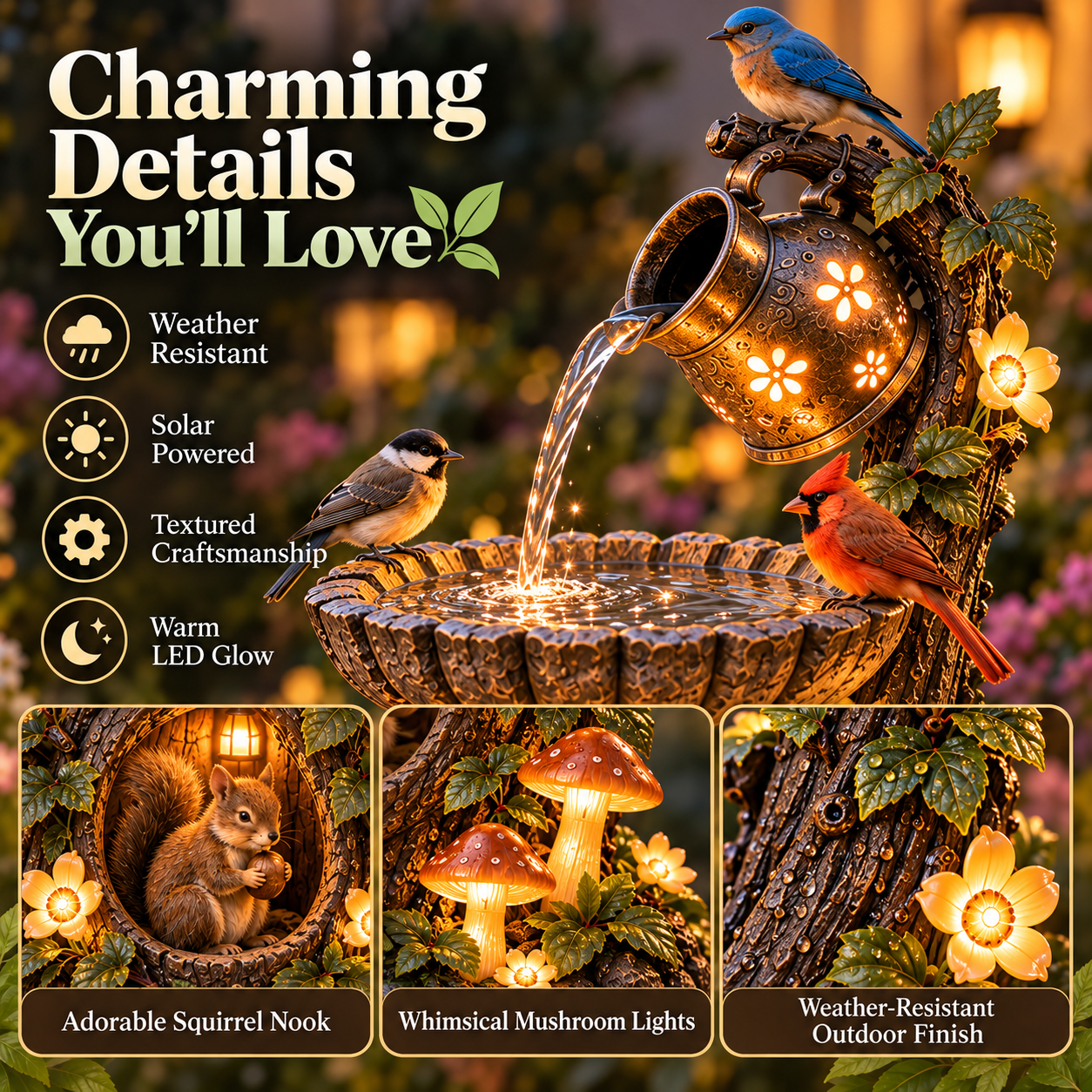 Charming solar birdbath fountain details